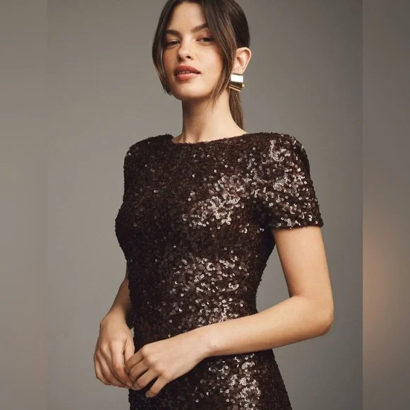 Dress the Population Women's Natasha Sequin Sheath Mocha Midi Dress XL - Picture 3 of 16